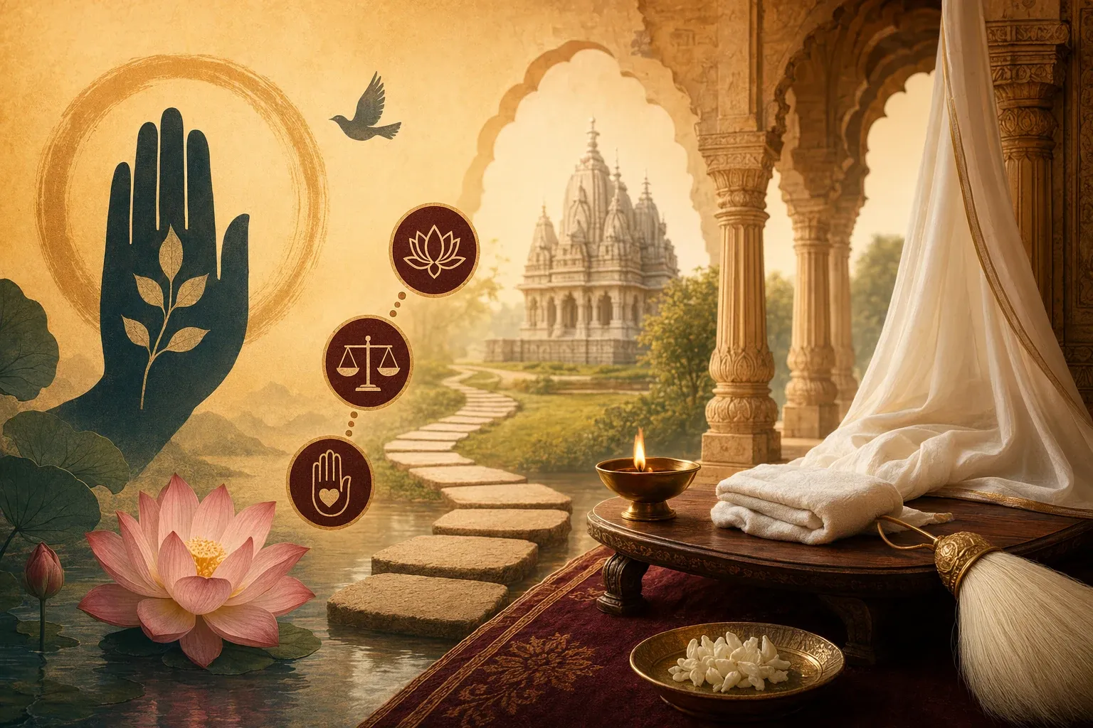 Jainism core teachings illustration with ahimsa hand, karma scales, lotus, temple, and peaceful path toward liberation.