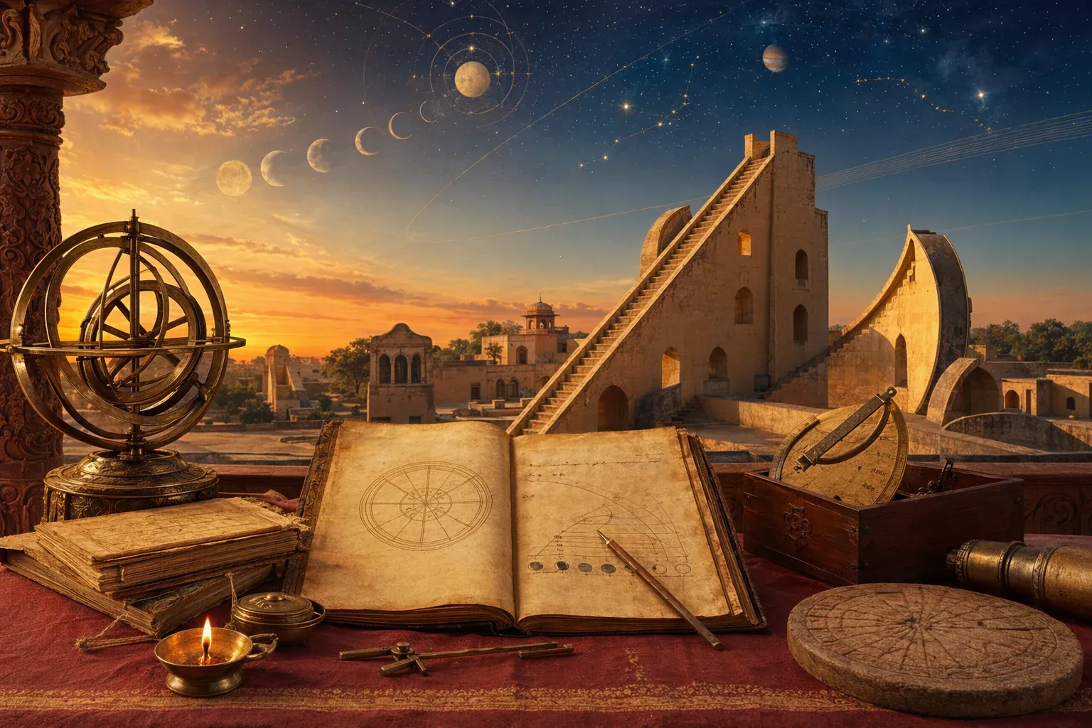 Editorial illustration for Ancient Indian Astronomy: Achievements, Discoveries, and Contributions: a concrete article-specific Indian cultural editorial scene for Ancient Indian Astr...