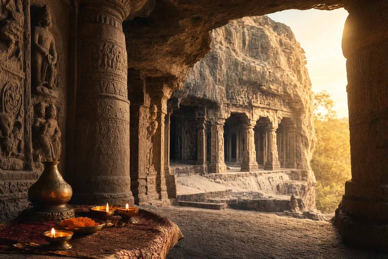 Ancient Indian Cave Temples: History of Rock-Cut Sacred Architecture illustration with Indian rock-cut cave architecture and sacred art.