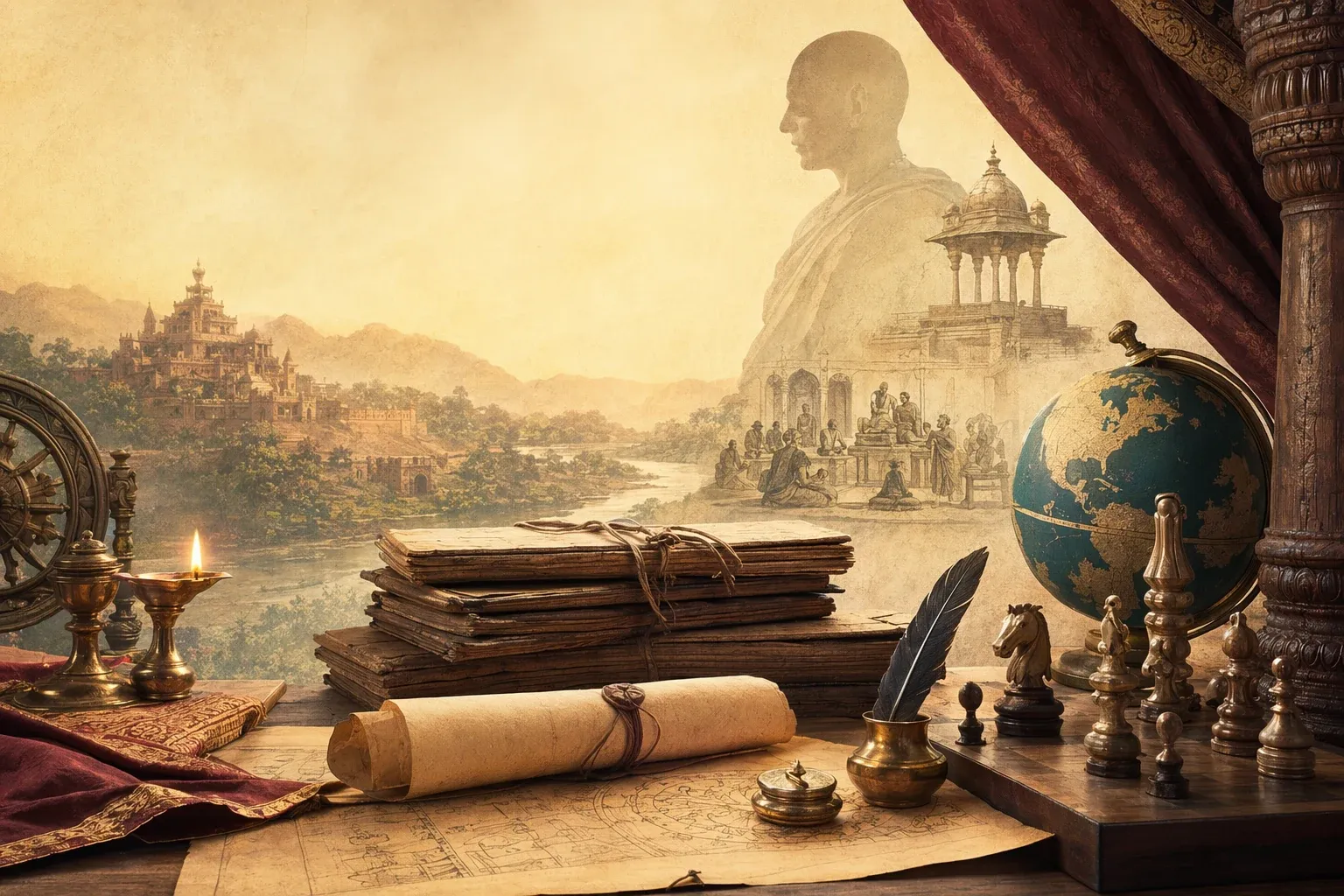 When Was Arthashastra Written, Rediscovered and Translated? illustration with ancient Indian manuscripts, statecraft symbols, learning objects, and warm historical setting.