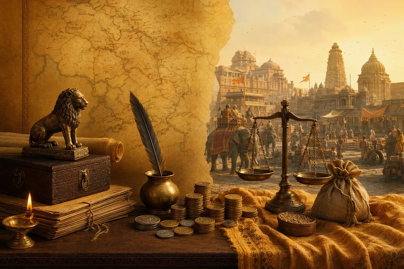 Arthashastra and Economics: Wealth, State and Economy in Ancient India illustration with ancient Indian manuscripts, statecraft symbols, learning objects, and warm historical setting.