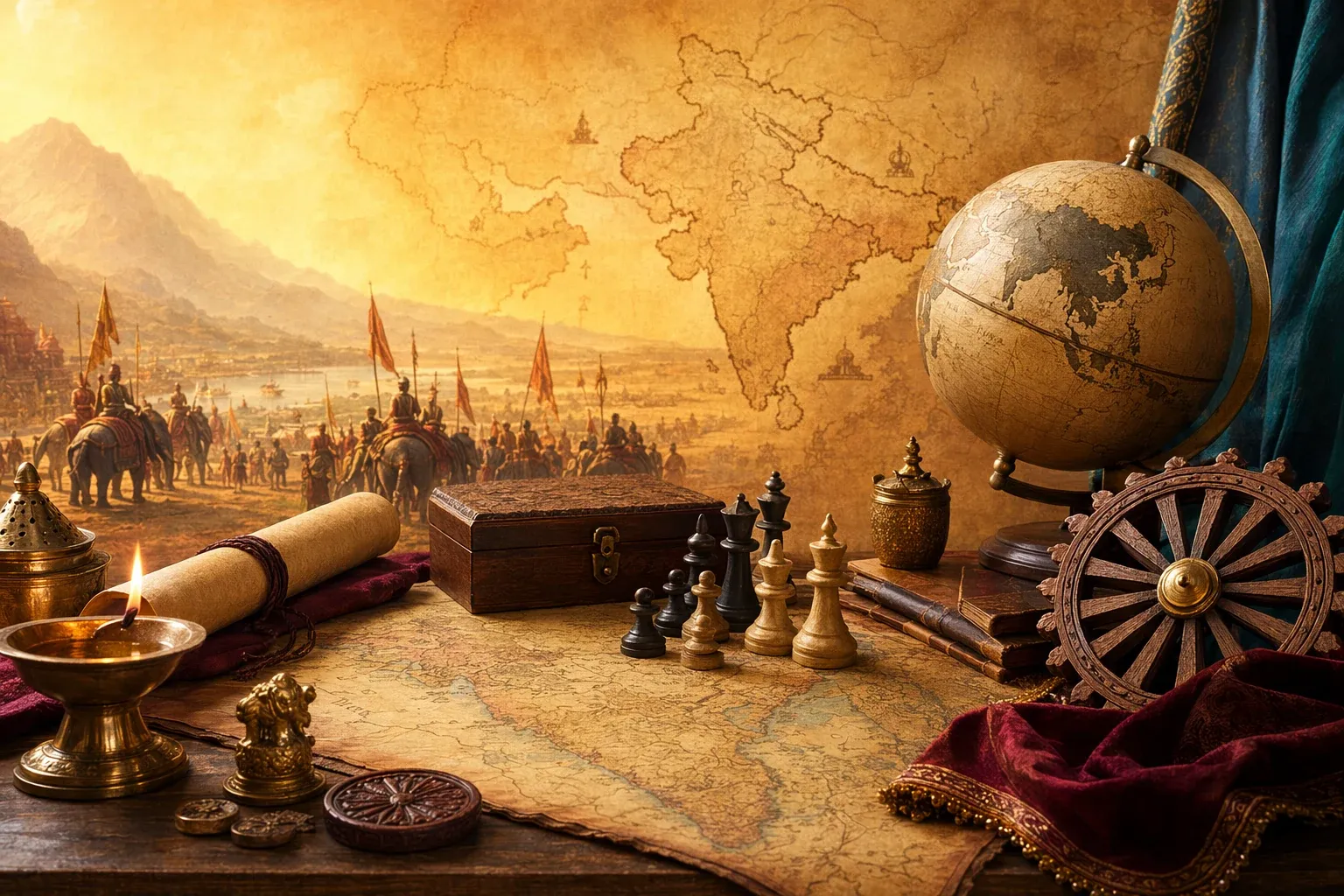 Arthashastra on Foreign Policy and Diplomacy: A Beginner Guide illustration with ancient Indian manuscripts, statecraft symbols, learning objects, and warm historical setting.
