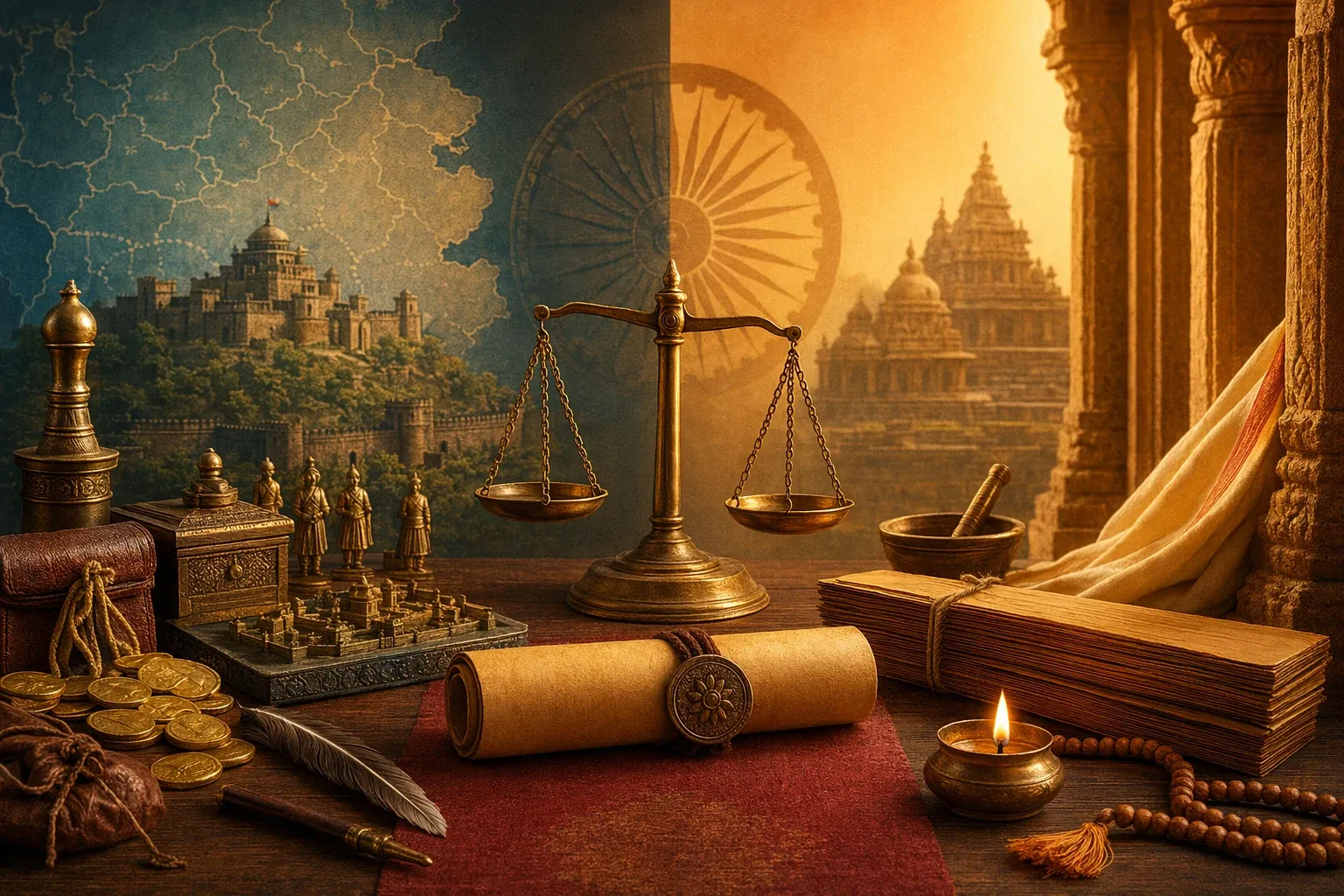 Arthashastra vs Dharmashastra and Manusmriti: Key Differences illustration with ancient Indian manuscripts, statecraft symbols, learning objects, and warm historical setting.