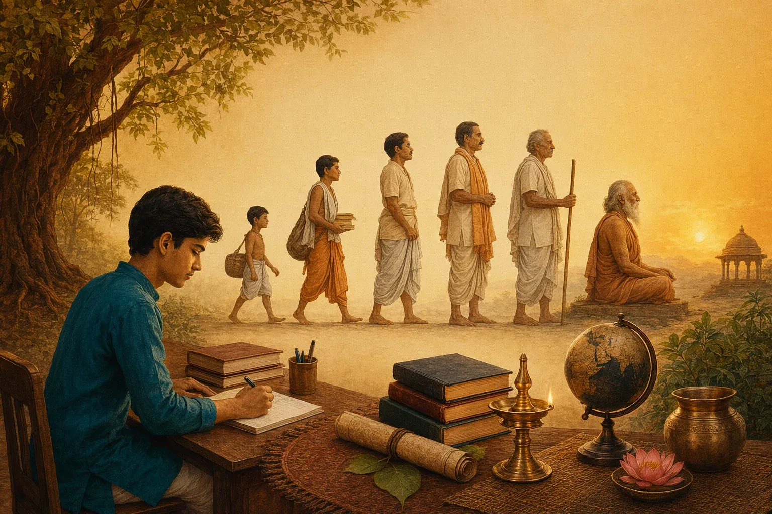 Ashrama system sociology illustration with student notes, family and community figures, books, life stages, and Indian cultural context.