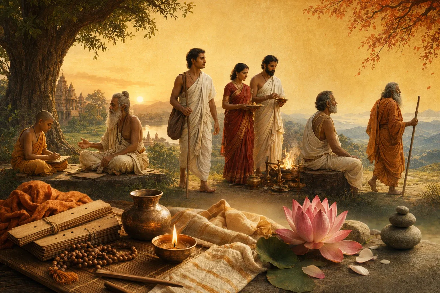 Ancient Indian ashrama illustration with gurukul learning, household duty, elder reflection, renunciant figure, fire altar, and forest hermitage mood.