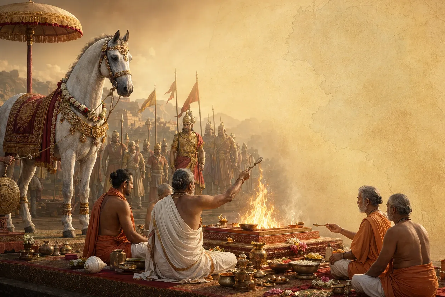 Decorated horse, royal procession, and yajna fire in a respectful illustration of Ashwamedha Yagna in ancient epic context.
