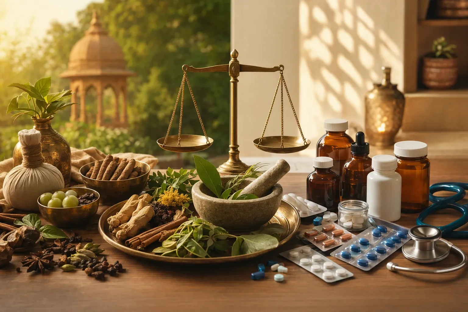 Balanced illustration of Ayurveda herbs and mortar beside modern medicines and a stethoscope, showing responsible Ayurveda-allopathy use.