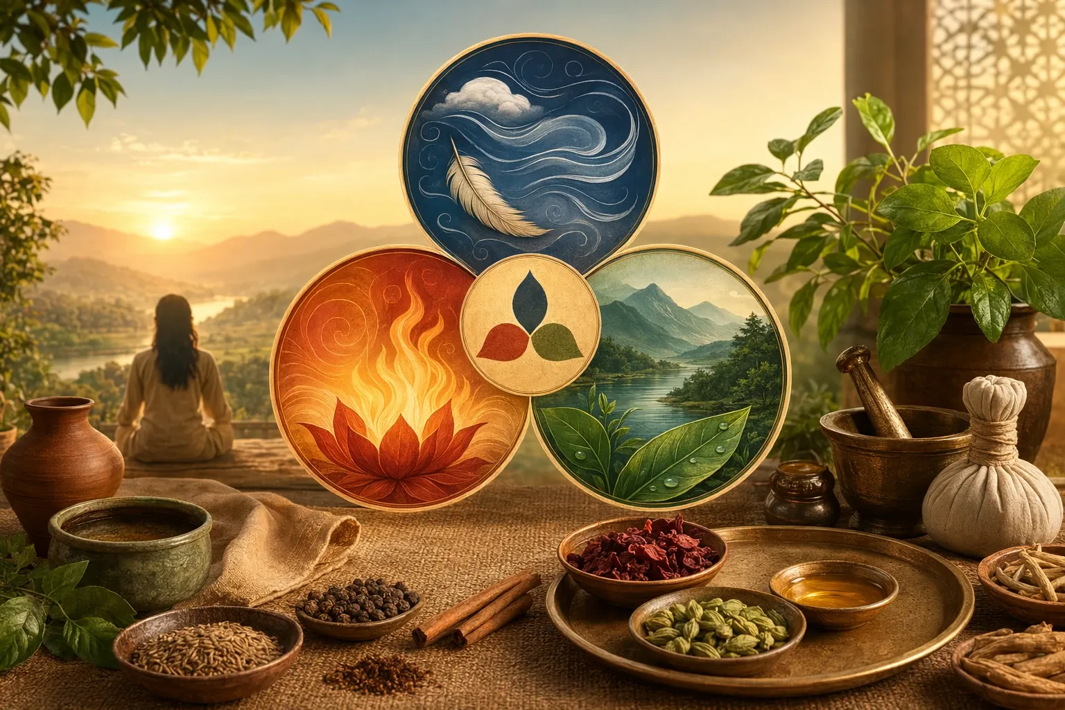 Three Ayurvedic doshas shown through air, fire, and earth-water symbols beside herbs and traditional wellness objects.