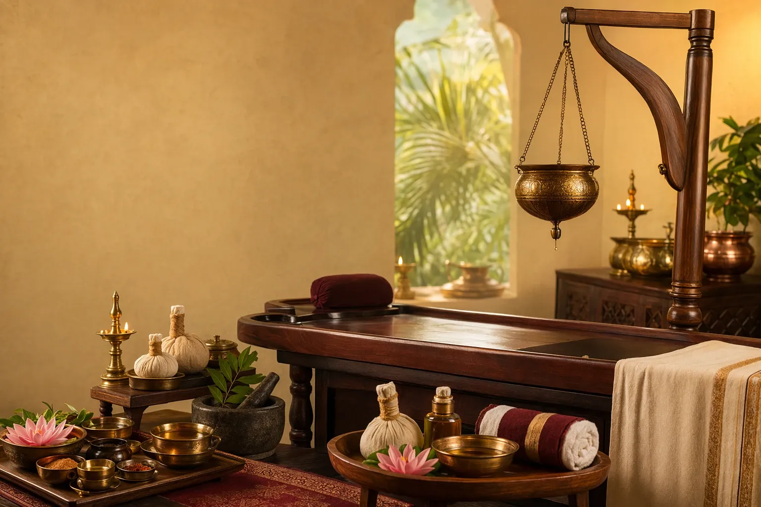 Ayurvedic treatment room with massage table, oil vessel, herbs, lamps, and spa-like wellness setting.