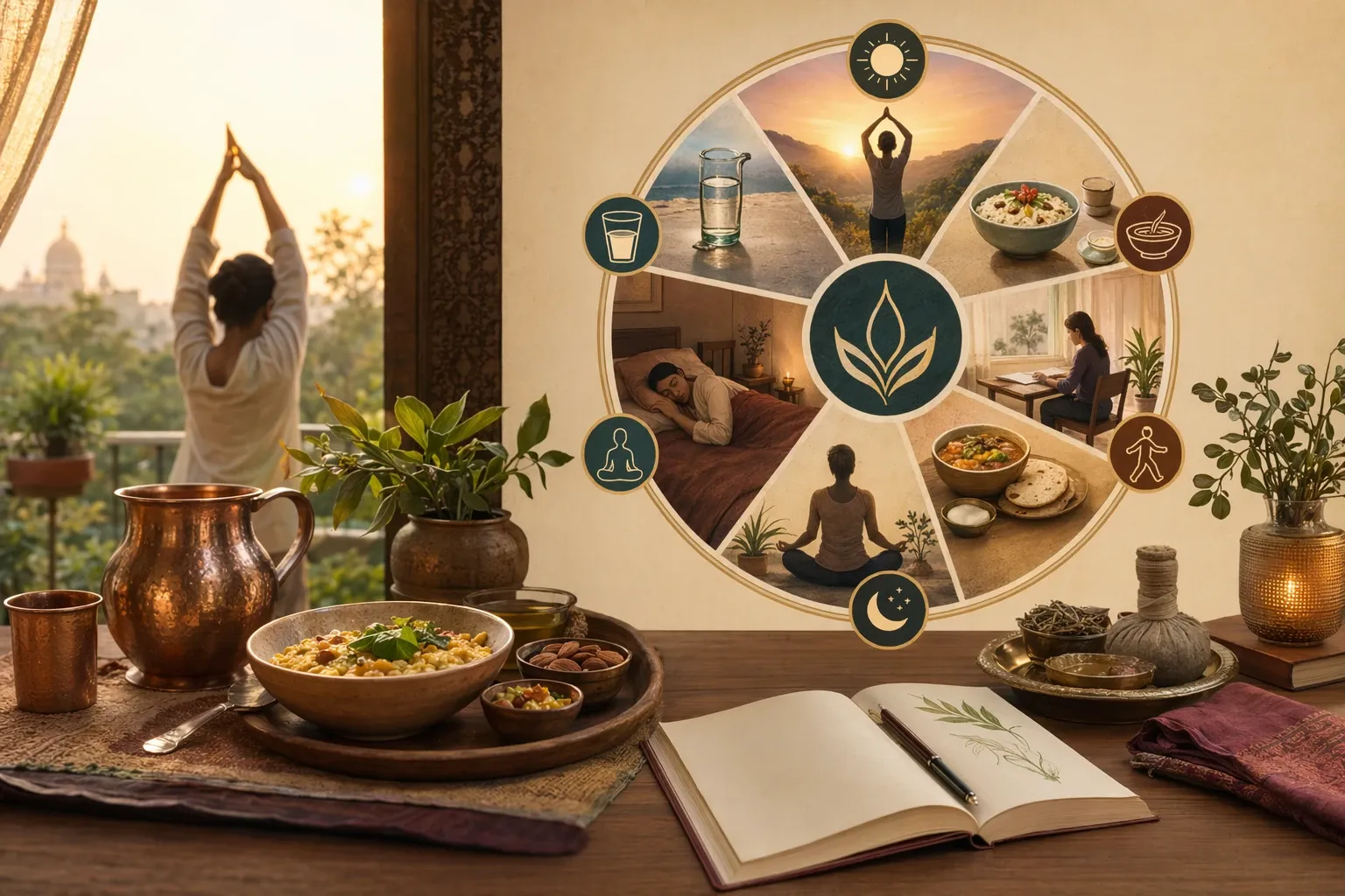 Ayurvedic daily routine illustration with sunrise yoga, copper water, herbs, meals, walking, rest, and sleep cues in a daily rhythm wheel.
