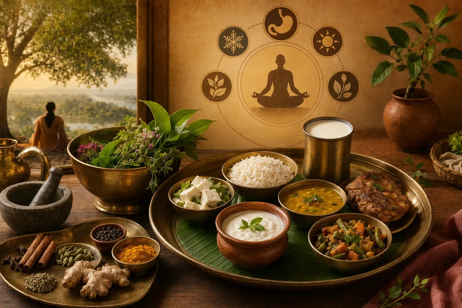 Ayurveda food illustration with milk, curd, spices, herbs, grains, vegetables, and a non-veg dish.