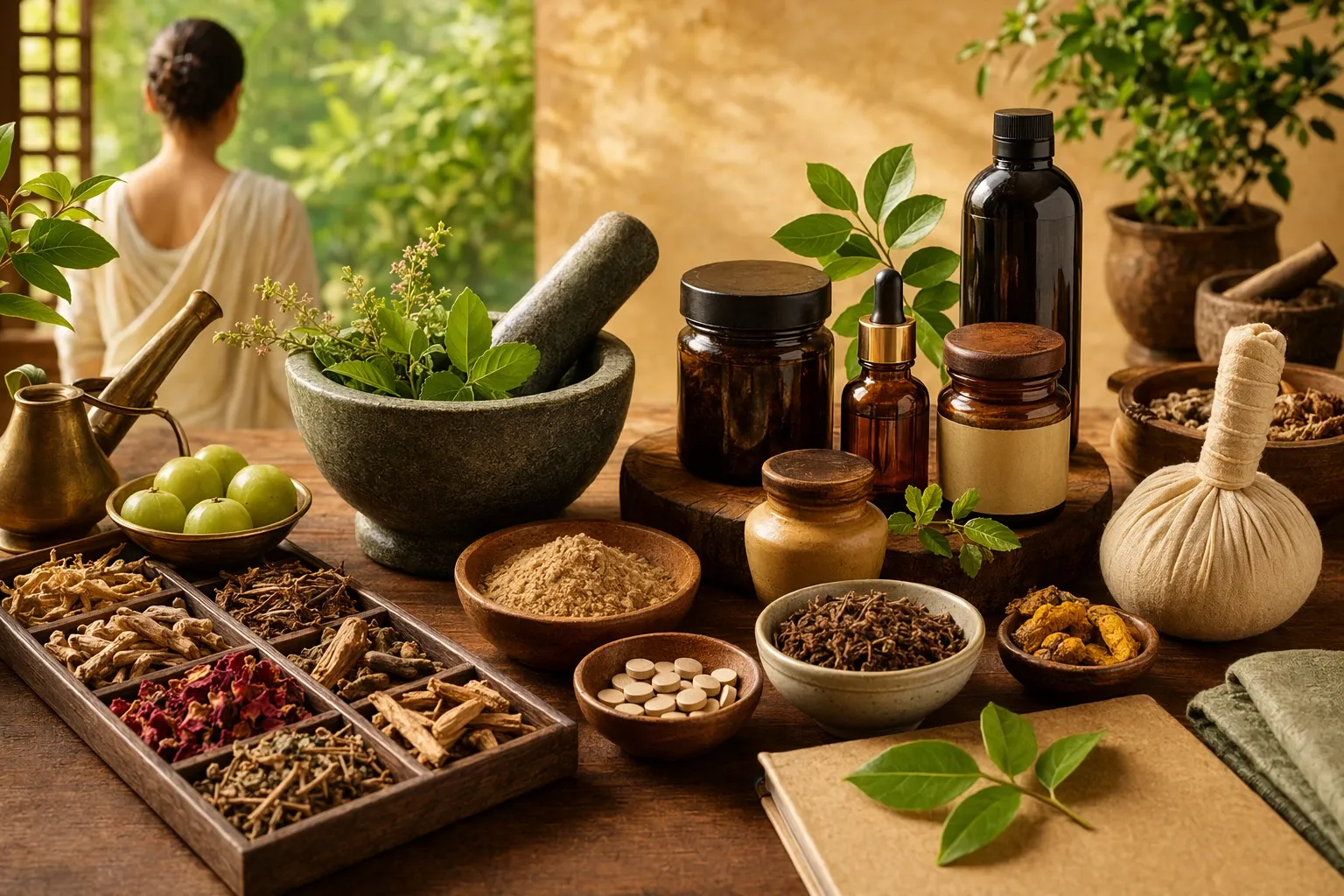 Ayurvedic herbs, powders, oils, tablets, and a mortar and pestle arranged as a safe beginner guide to products and supplements.