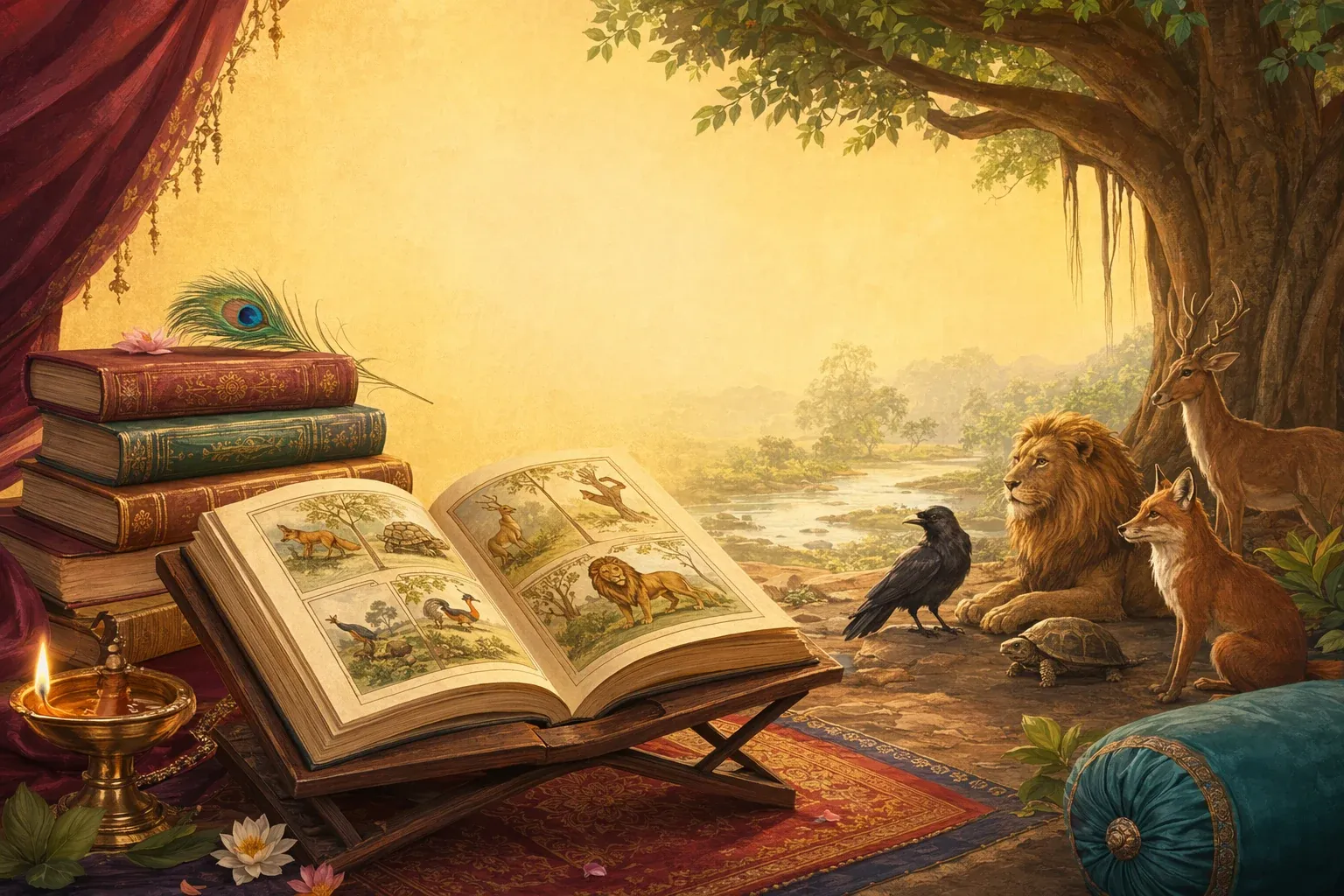 Best Panchatantra Stories for Kids and Students to Read First illustration with Panchatantra-style animals, books, Indian storytelling mood, and warm educational setting.