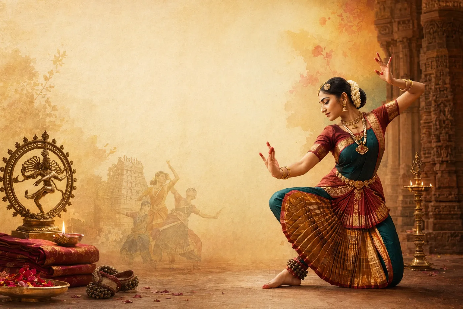 Bharatanatyam dancer in traditional costume performing with Nataraja statue, temple backdrop, musicians, and lamps.