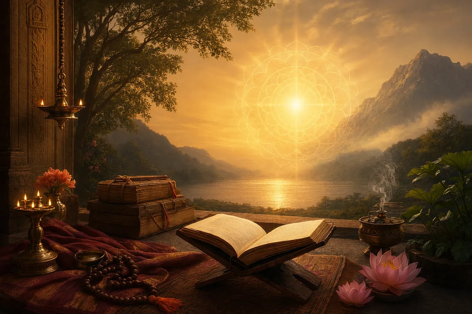 Editorial illustration for Brahman in Hindu Philosophy: Meaning, God, and Reality Explained: a concrete article-specific Indian cultural editorial scene for Brahman in Hindu Philosop...