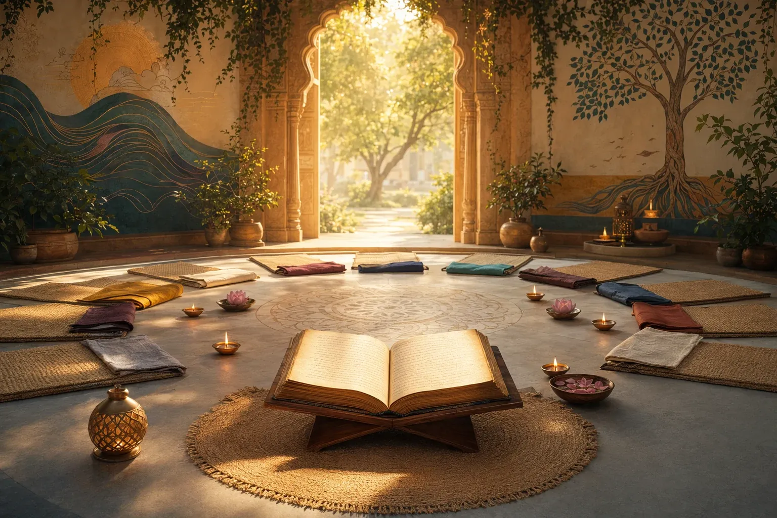 Inclusive courtyard learning space with an open Vedic manuscript, reading mats, lamps, lotus, and welcoming doorway light.