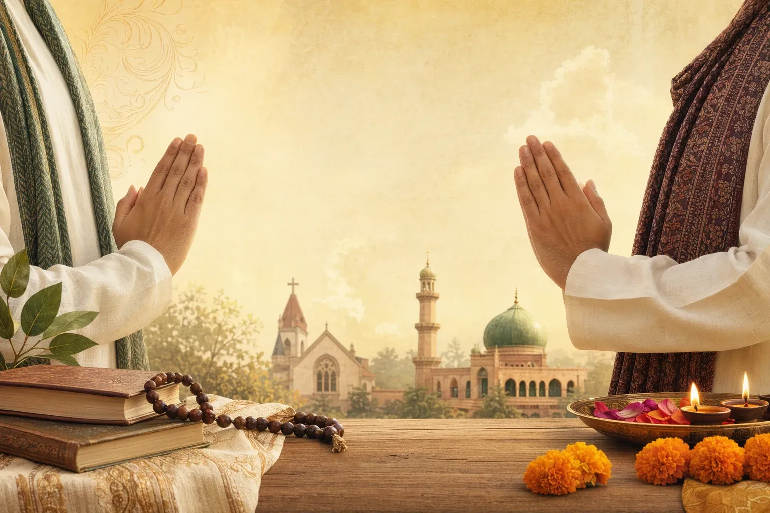 Two people greeting with folded hands near church and mosque silhouettes, showing respectful interfaith Namaste etiquette.