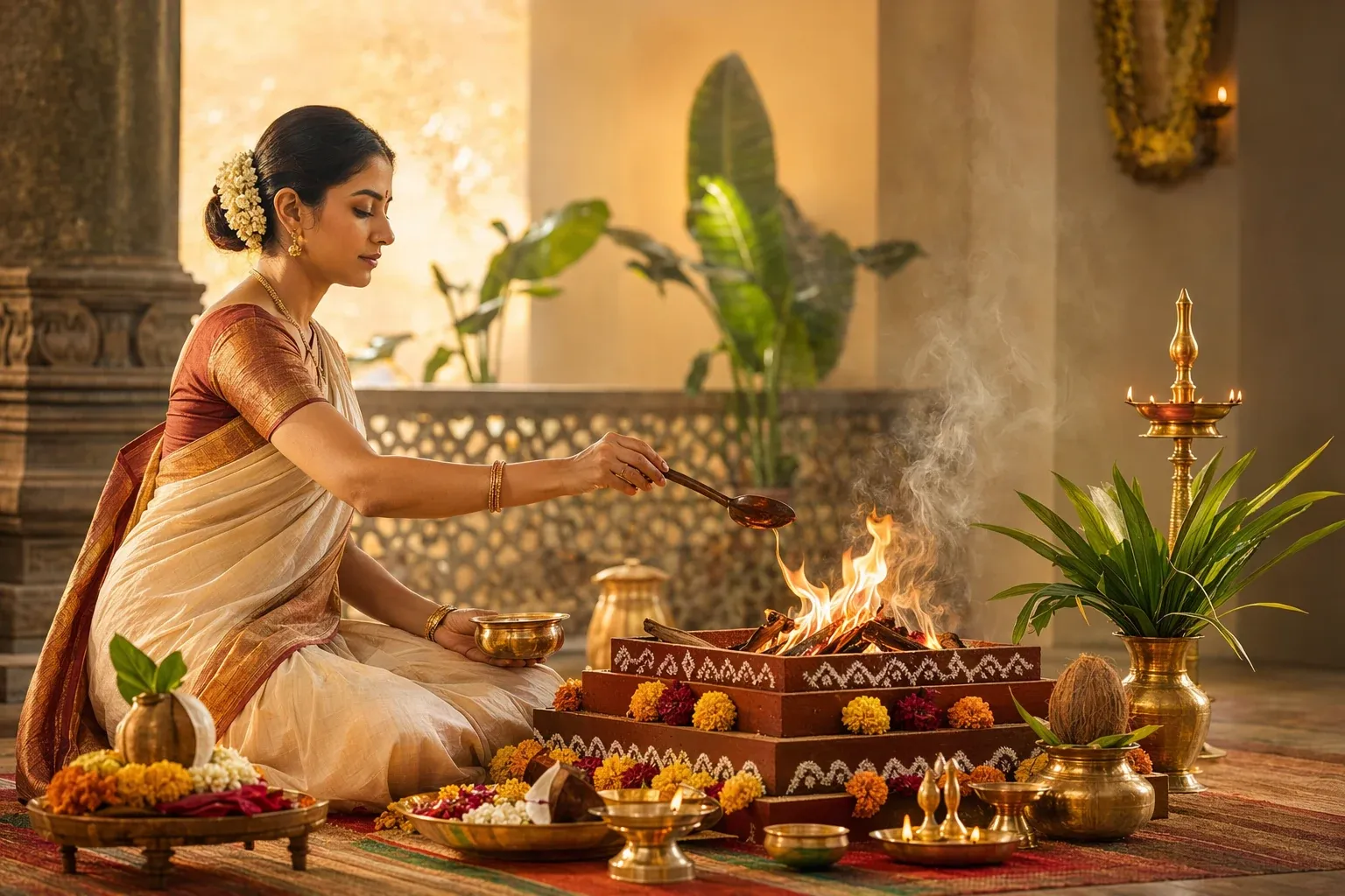 Woman respectfully performing yajna beside a sacred fire in a home-style ritual setting with offerings and lamps.