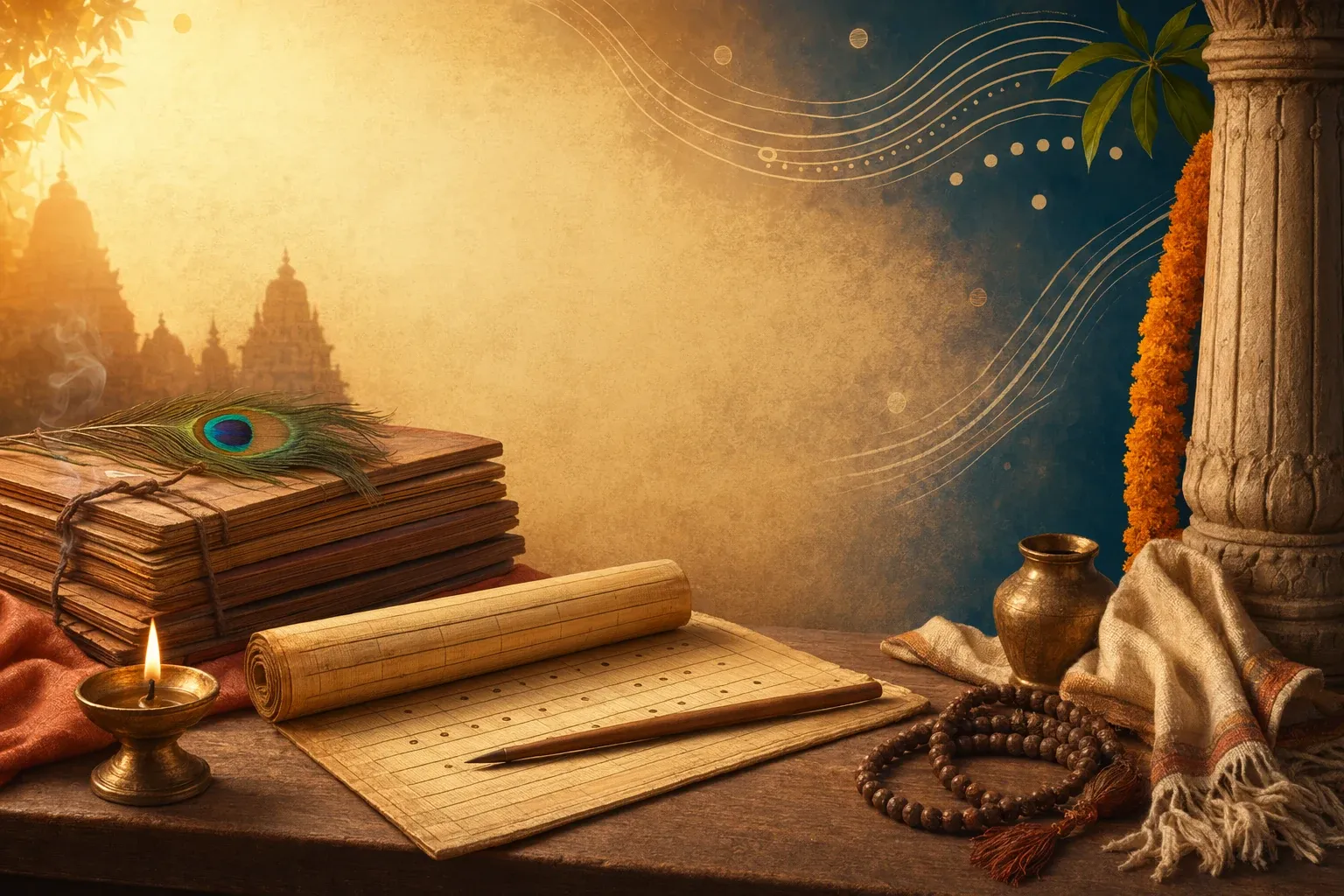 Chandas Vedanga: Vedic Metre Explained Simply illustration with manuscripts, lamp, and Indian learning symbols.