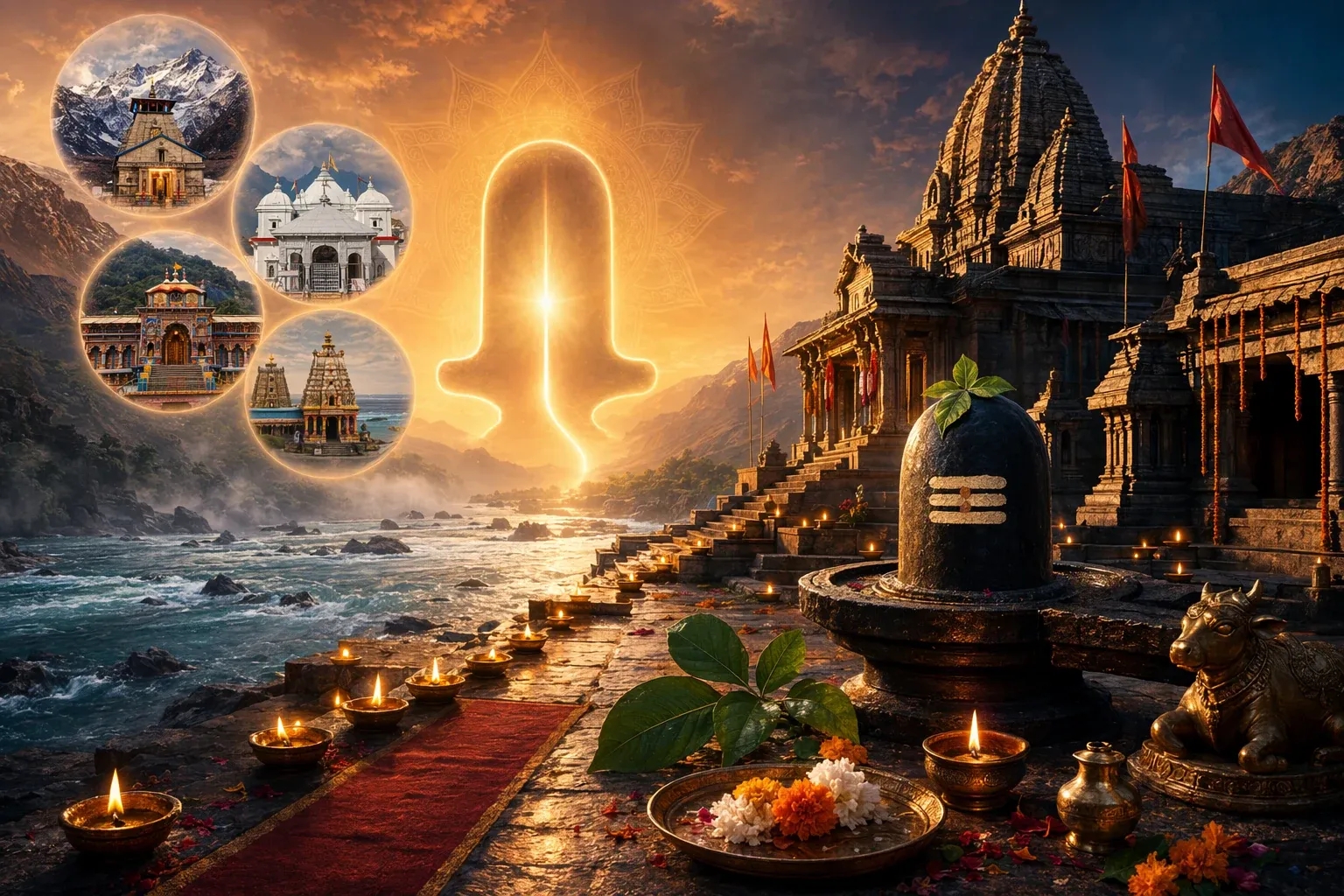 Char Dham and Jyotirlinga illustration with four sacred temple markers and a respectful Shiva lingam symbol near Rameswaram.