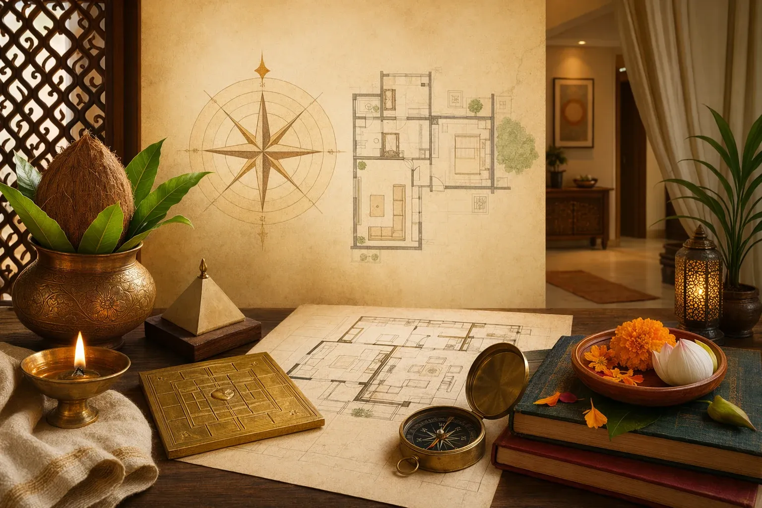 Common Vastu mistakes illustration with a floor plan, compass, clutter-free home symbols, warning markers, and calm design elements.