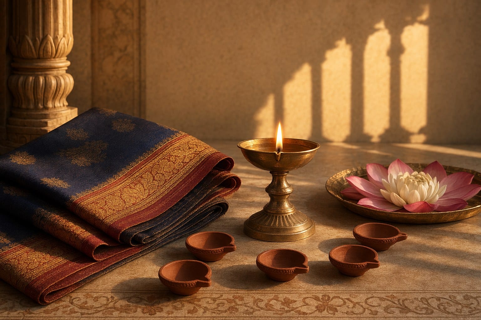 Fire-born lotus lamp with five protective light arcs, palace pillars, and a woven cloth motif symbolizing Draupadi’s dignity and courage.