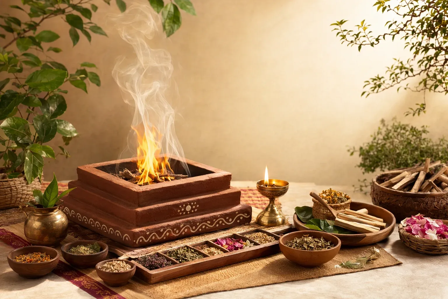 Eco-friendly yajna setup with havan kund, natural offerings, herbs, smoke, leaves, clay vessels, and a clean ritual space.