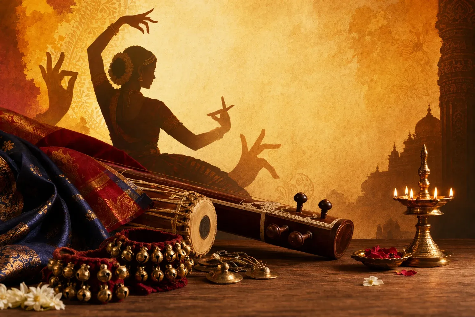 Indian classical dance stage scene with dancer, lamp, music, and guru tradition symbolism for Famous Indian Classical Dancers and Gurus Every Beginner Should Know.