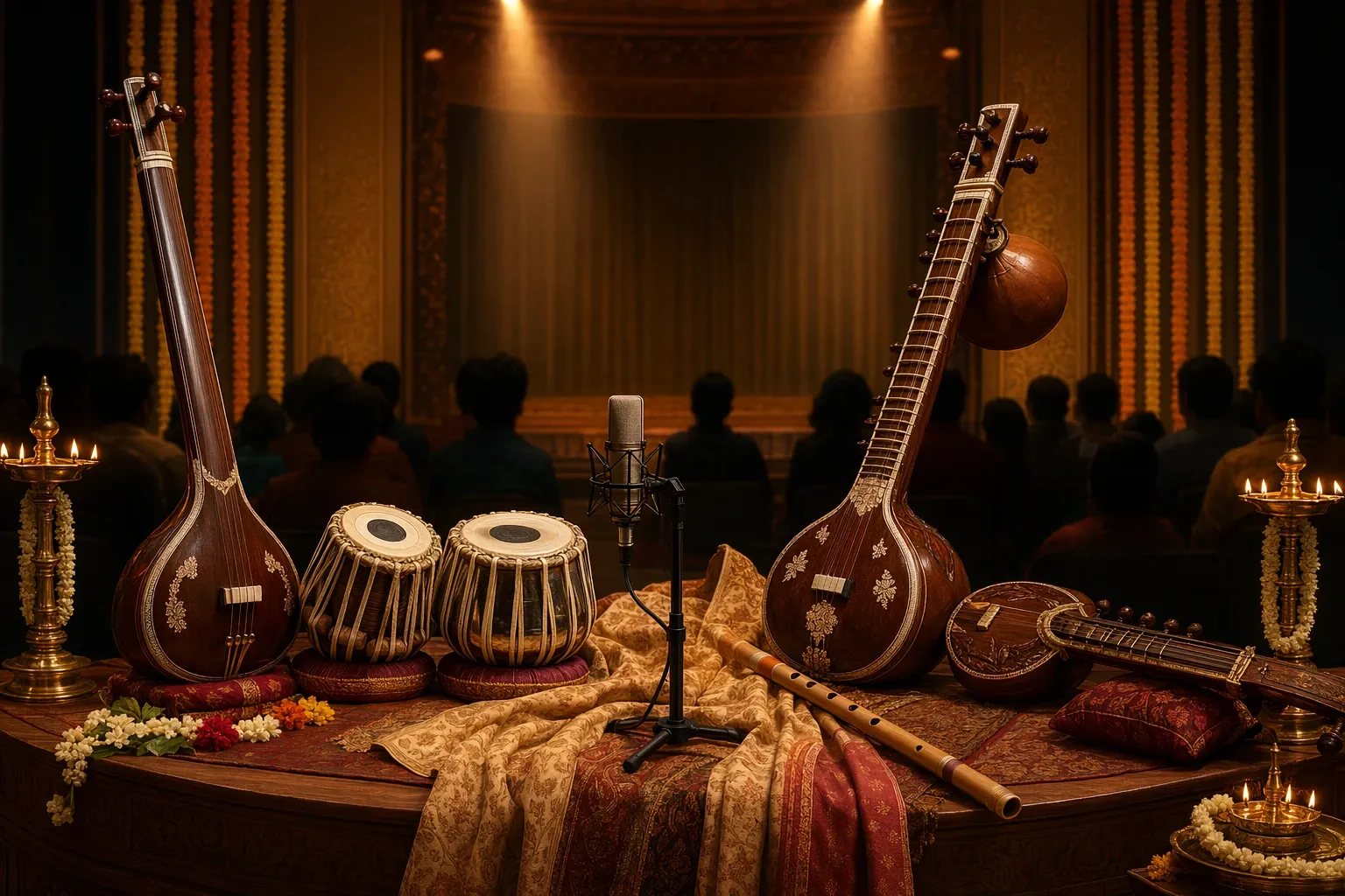 Illustration of Indian classical music instruments, microphone, lamps, and stage decor for a beginner guide to famous musicians and singers.