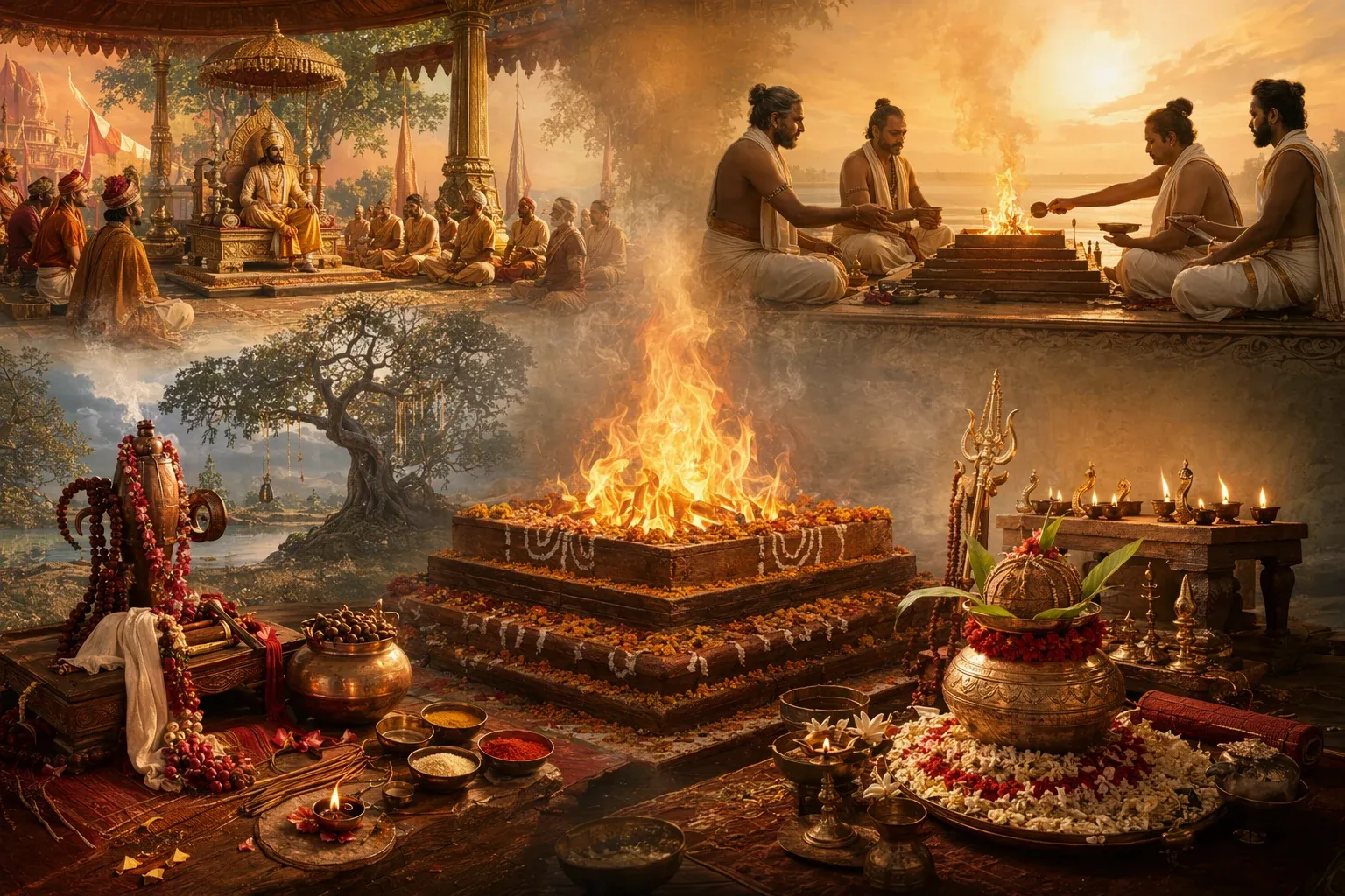 Composite yajna illustration with sacred fire, offerings, royal and devotional symbols for famous yajnas in Hindu stories.