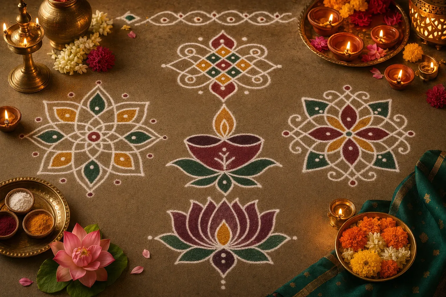 Editorial illustration for Festival Kolam Guide: Deepavali, Karthigai Deepam, Friday, and New Year: a concrete article-specific Indian cultural editorial scene for Festival Kolam Gui...