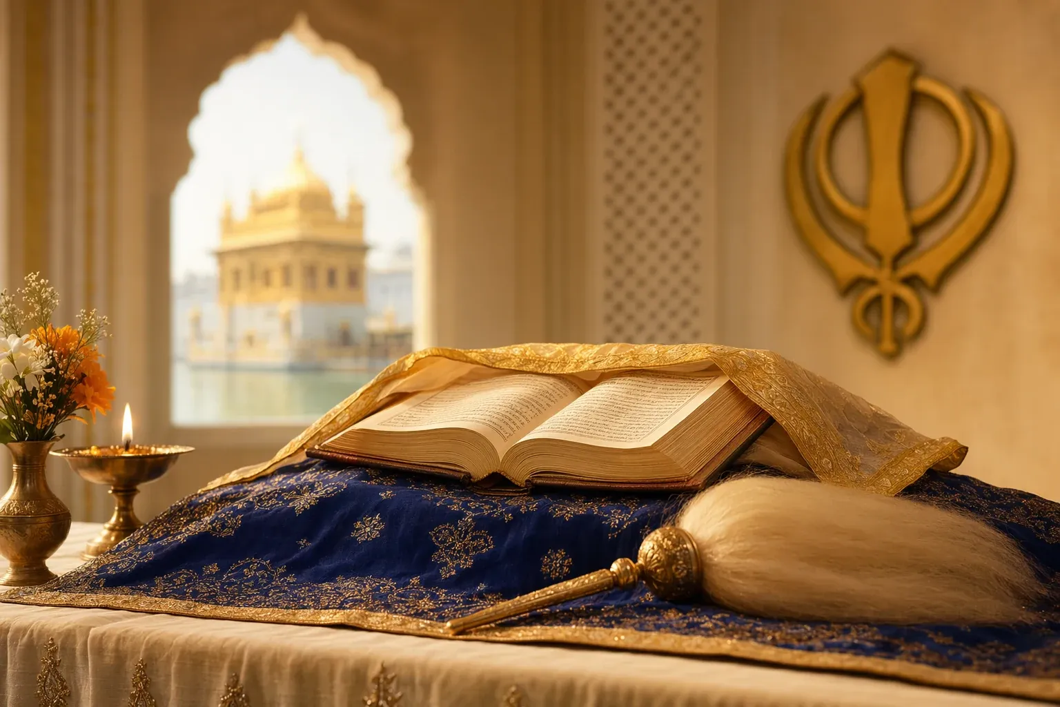 Editorial illustration for Guru Granth Sahib: Sikhism’s Holy Book Explained Simply: Sikh cultural symbols and article-specific scene presented respectfully for a Bhaktilipi beginner guide.