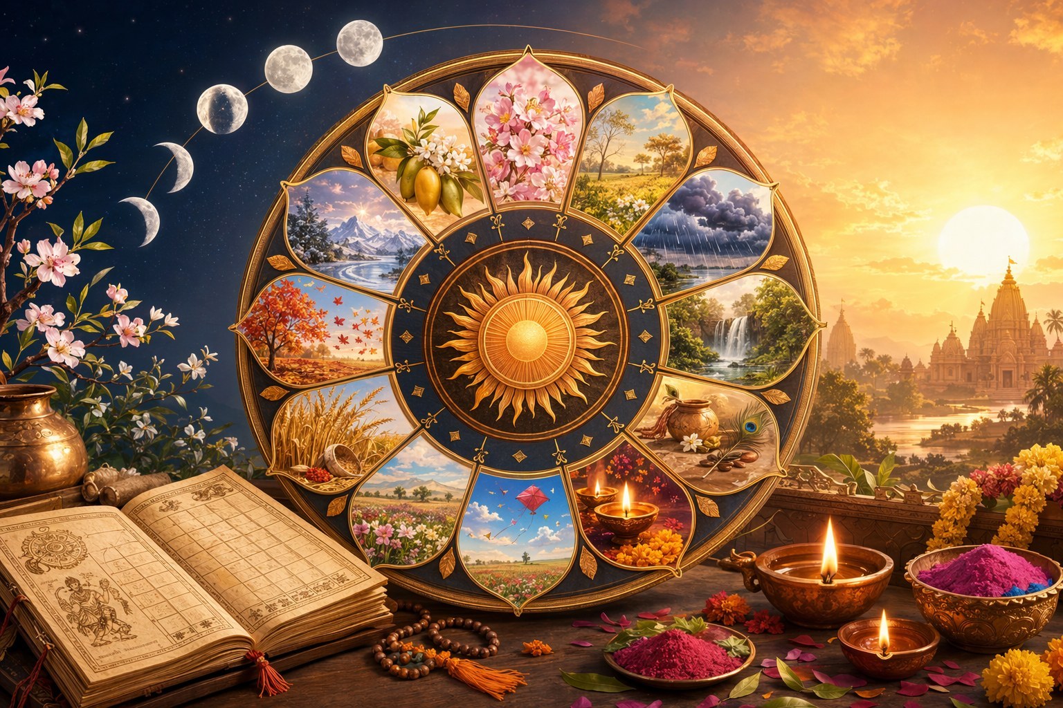 Illustrated Hindu calendar wheel with twelve month segments, moon phases, sunrise, panchang book and Indian seasonal symbols