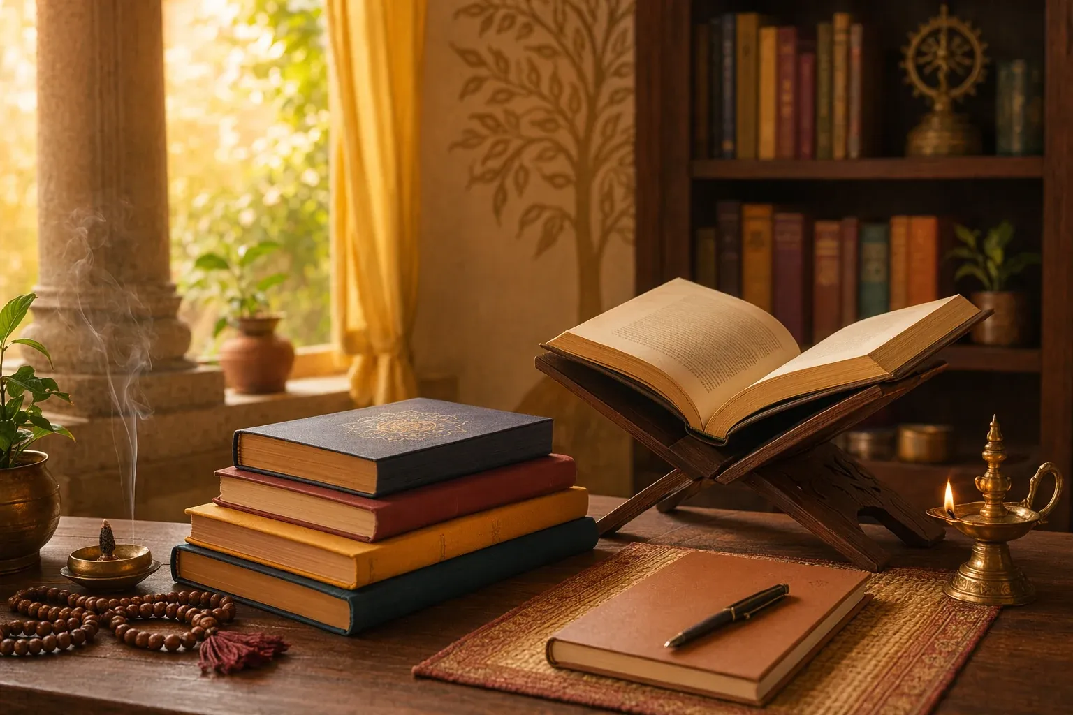 Illustration of Hindu philosophy study with books, notes, temple light, and a calm beginner-friendly learning desk.