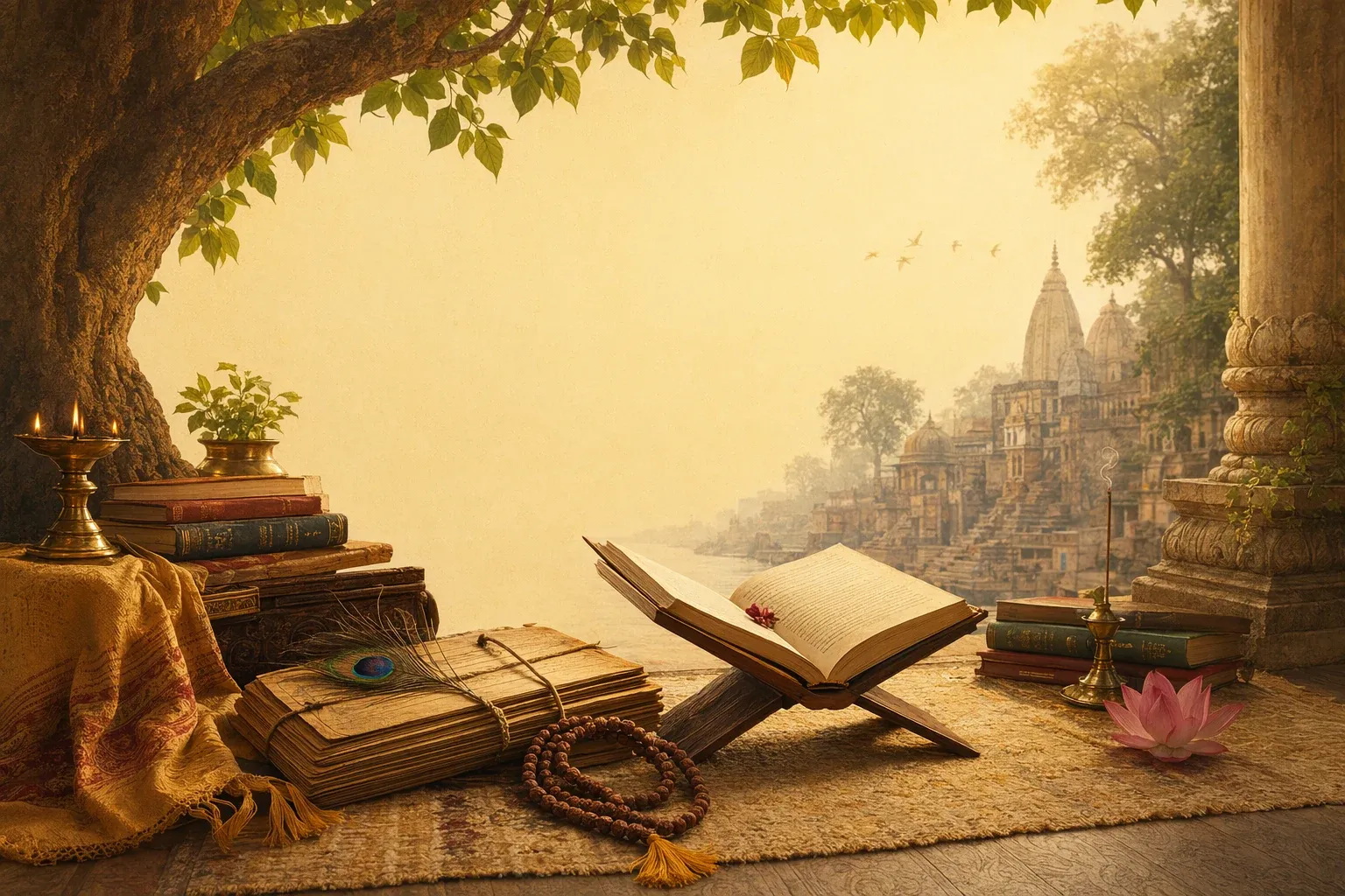 Editorial illustration for Hindu Philosophy of Education and Society: What Students Should Know: a concrete article-specific Indian cultural editorial scene for Hindu Philosophy of E...