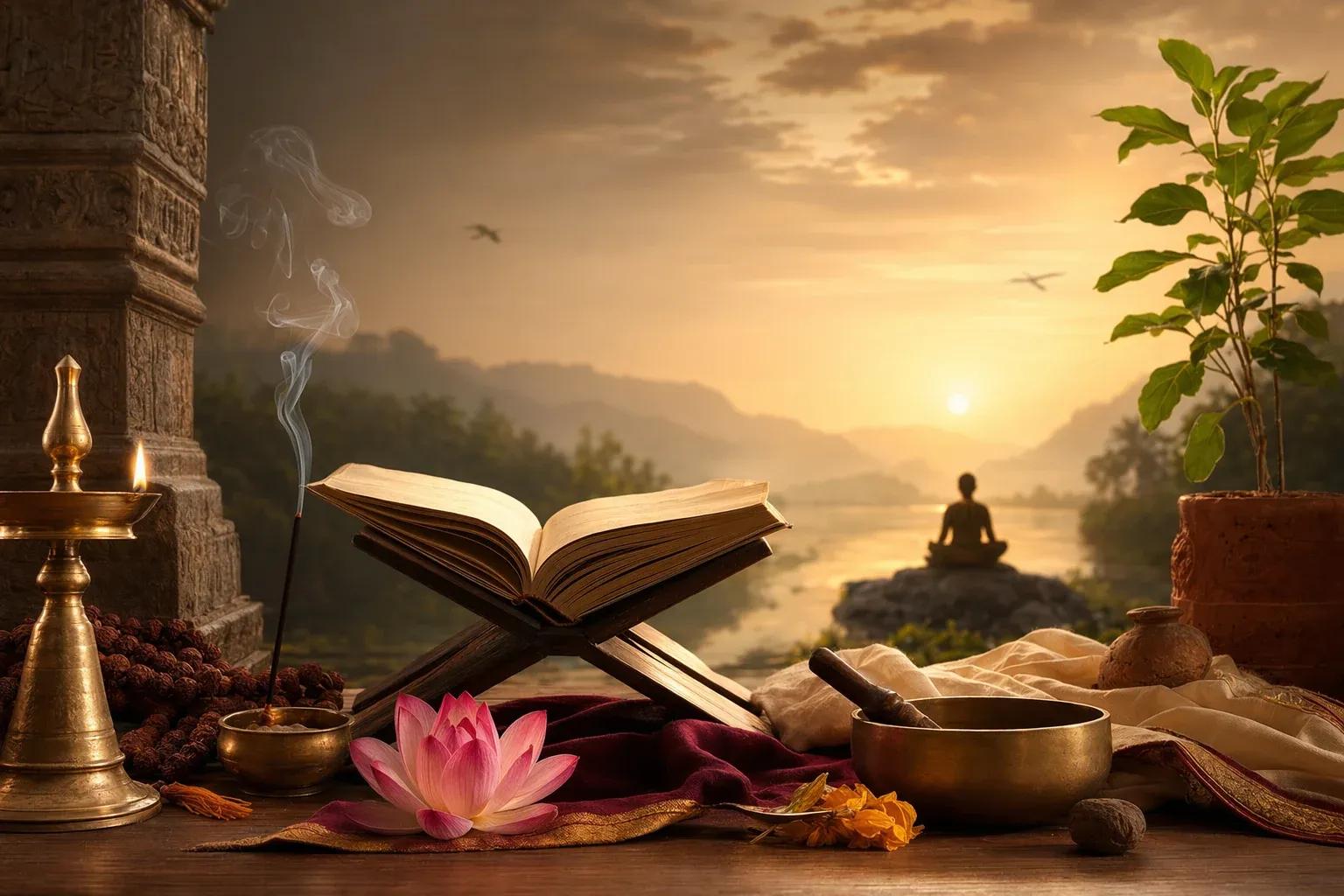 Editorial illustration for Hindu Philosophy of Life, Self, and Death: A Simple Guide: a concrete article-specific Indian cultural editorial scene for Hindu Philosophy of Life, Self...