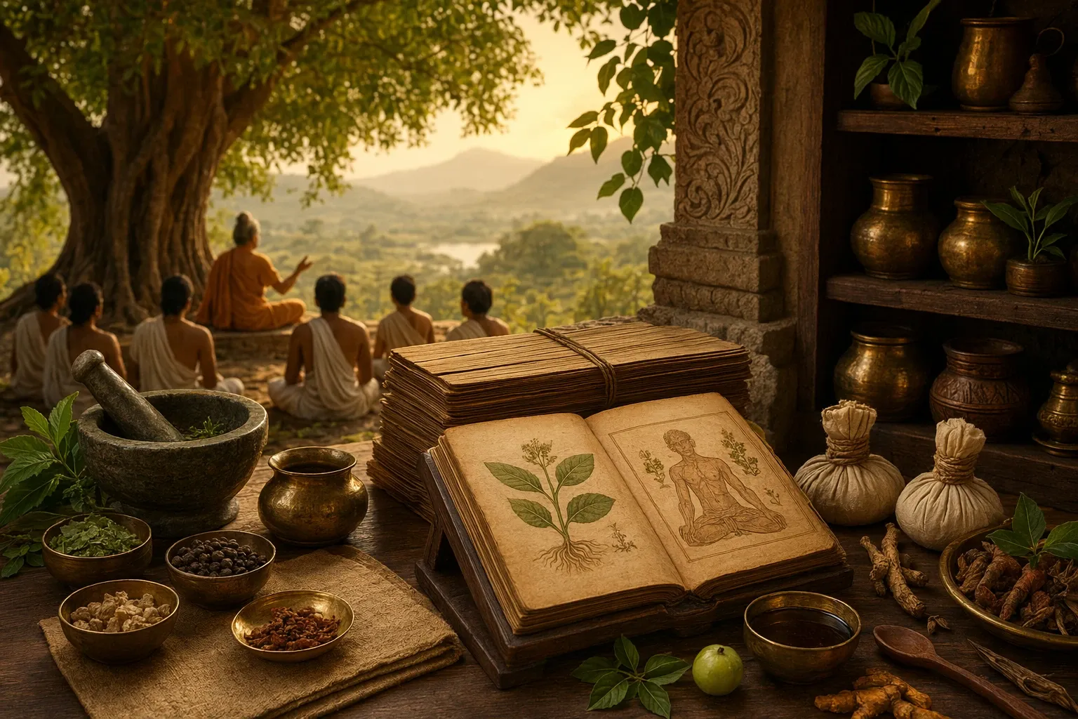 Ayurveda history illustration with palm-leaf manuscripts, herbs, mortar and pestle, and teacher-student learning.