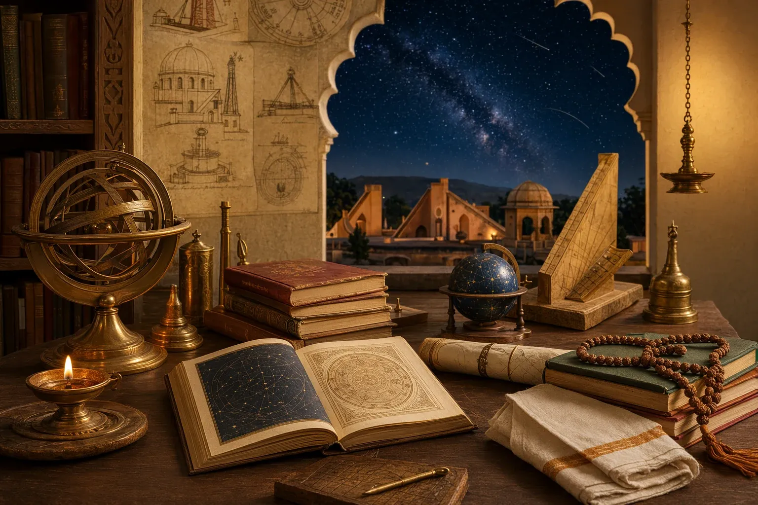 Editorial illustration for How to Learn Indian Astronomy: Books, Courses, Clubs, and Safe Resources: a concrete article-specific Indian cultural editorial scene for How to Learn Indi...