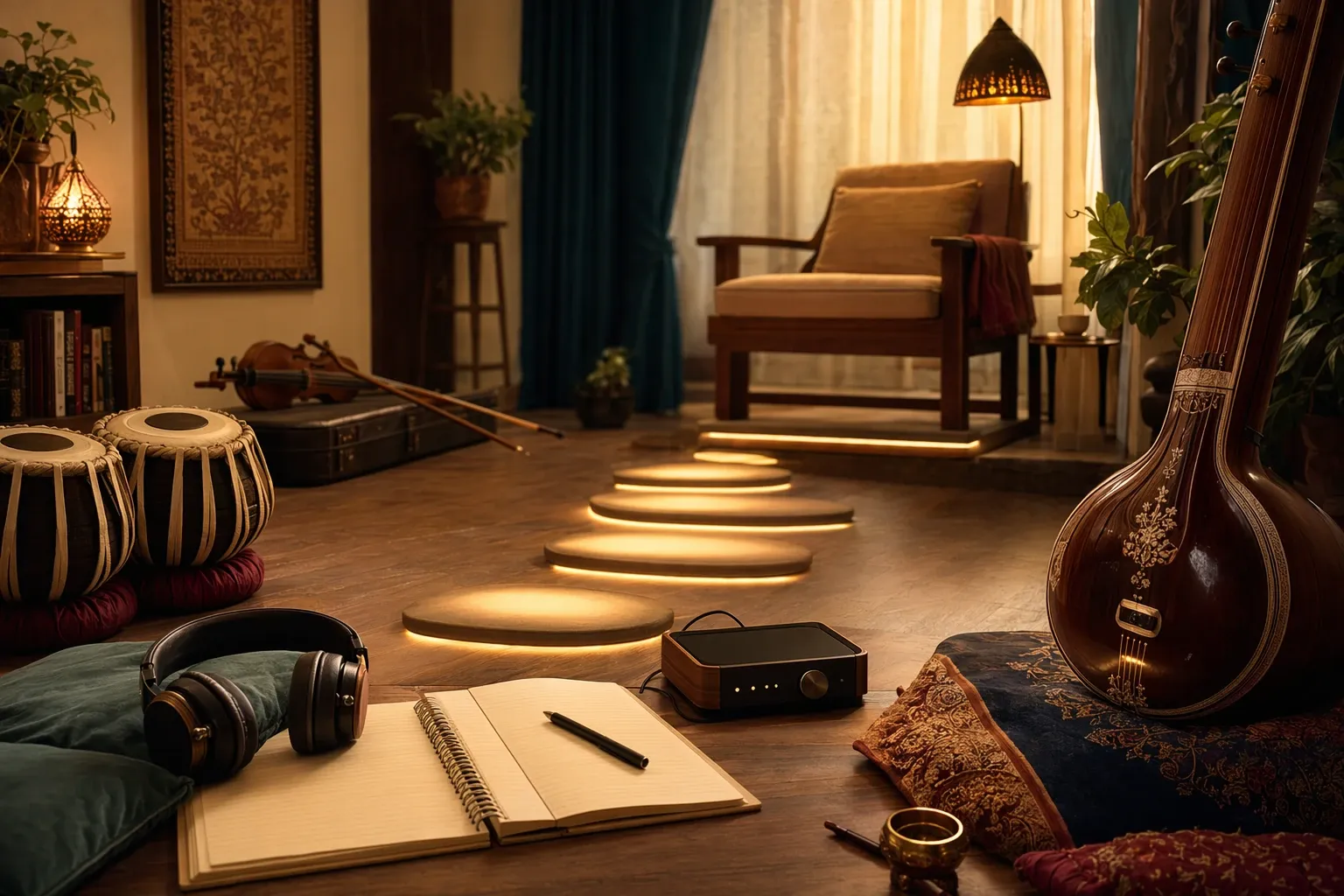 Illustration of a beginner music room with tabla, tanpura, headphones, and a notebook for learning Indian classical music.