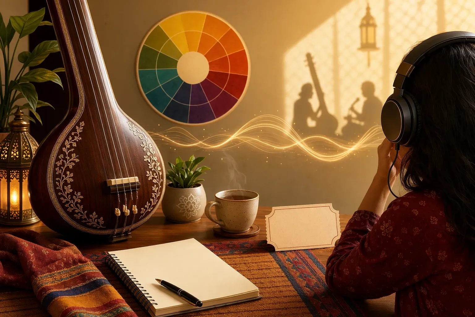Beginner listening setup for Indian classical music with headphones, tanpura, notebook, and warm practice-room atmosphere.