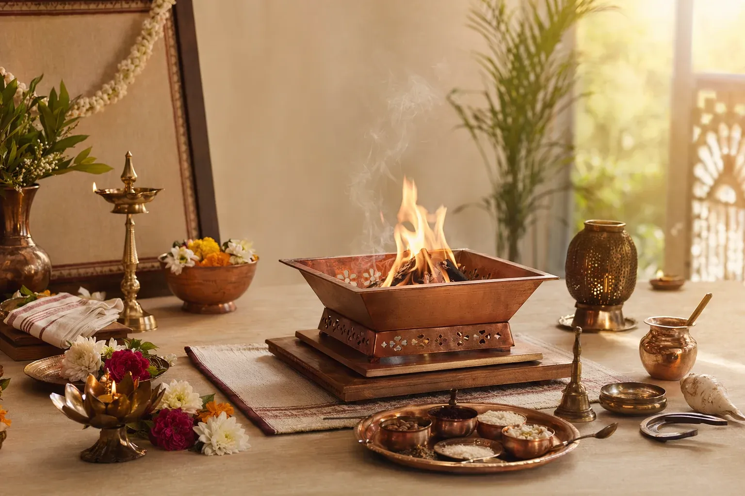 Respectful yajna fire altar scene with offerings and Indian ritual setting for How to Perform a Simple Yajna at Home Safely: Beginner Guide and Boundaries.