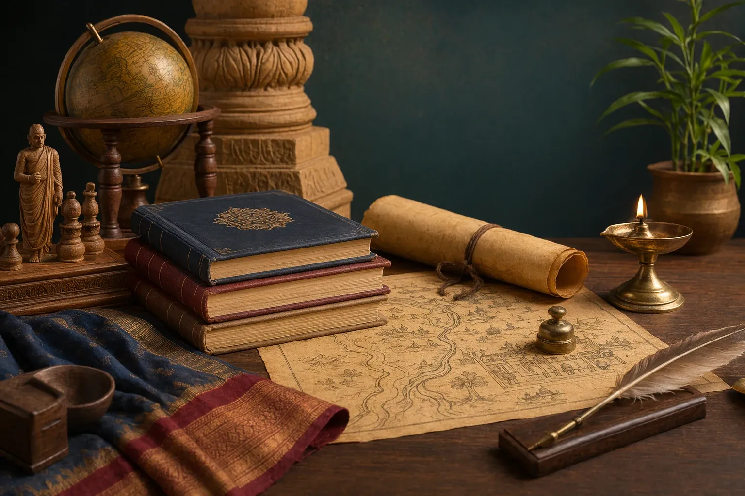 How to Read Arthashastra Legally: Beginner Tips, Editions and Translations illustration with ancient Indian manuscripts, statecraft symbols, learning objects, and warm historical setting.