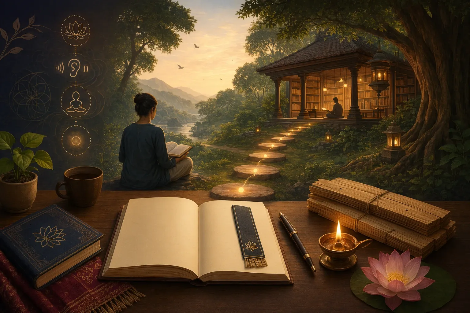 Symbolic Upanishads illustration with welcoming beginner reading path from modern desk to quiet library-ashram, with blank books, a diya, bookmark, and step-stone light trail.