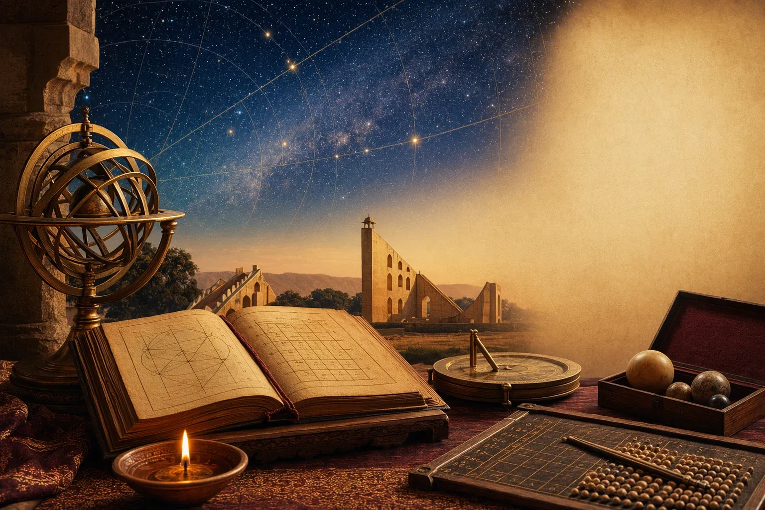 Editorial illustration for Indian Astronomy and Mathematics: How Sky Science Shaped Ganita: a concrete article-specific Indian cultural editorial scene for Indian Astronomy and Mathe...