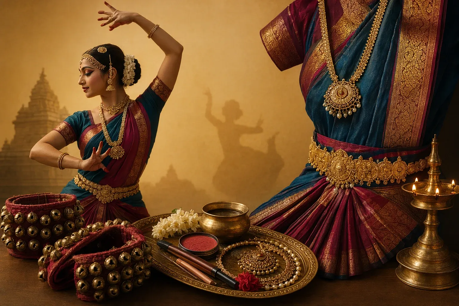 Classical dance costume elements including ghungroos, jewellery, flowers, makeup, and a traditionally dressed dancer for a beginner guide to Indian dance stage presentation.