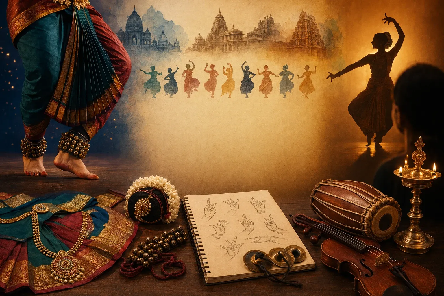 Indian classical dancer in traditional costume performing with musicians and temple-inspired cultural details.