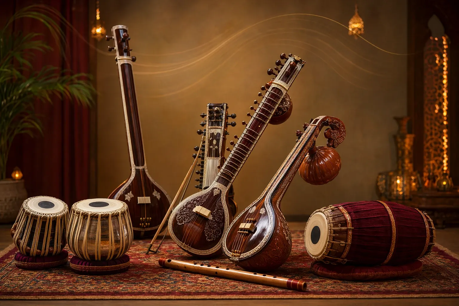 Illustration of Indian classical instruments including tabla, string instruments, flute, and drums arranged for a beginner guide.