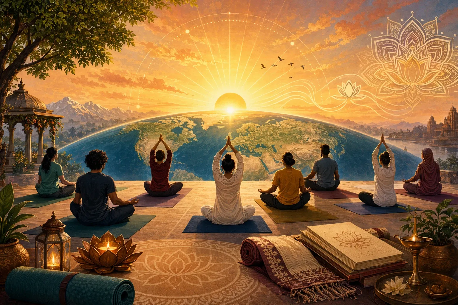 Symbolic yoga illustration showing summer solstice sunrise, global circular horizon, diverse yoga mats without faces, Indian lotus motifs, and a warm June dawn sky.
