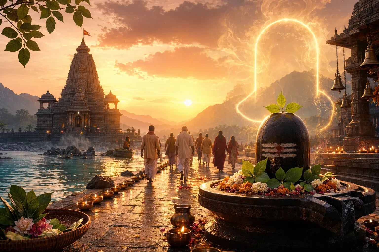 Respectful Shiva temple and Jyotirlinga pilgrimage illustration for Jyotirlinga Darshan Rules: Touching the Lingam, Periods, Pitru Paksha, and Temple Etiquette.
