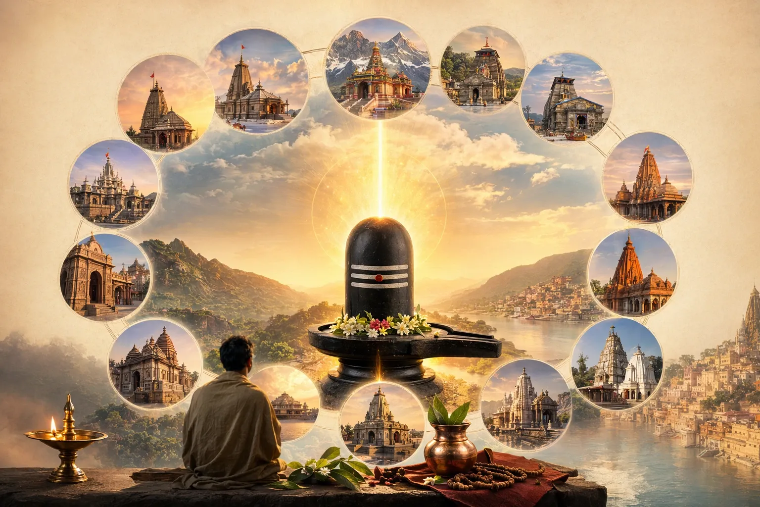 Radiant Shiva linga with temple architecture and sacred Jyotirlinga pilgrimage imagery.